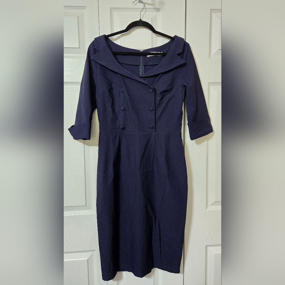 Navy Blue Dress, Size XL, Stretch Fabric, Faux Button Front, Excellent Condition